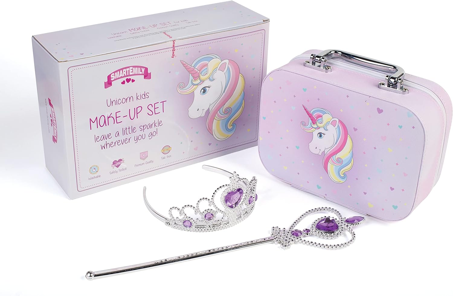 SmartEmily Talc Free Kids Makeup Set. Premium Cosmetics Unicorn style. Princess Tiara Wand. Real Make up. Washable Safe with makeup case. Smart Emily